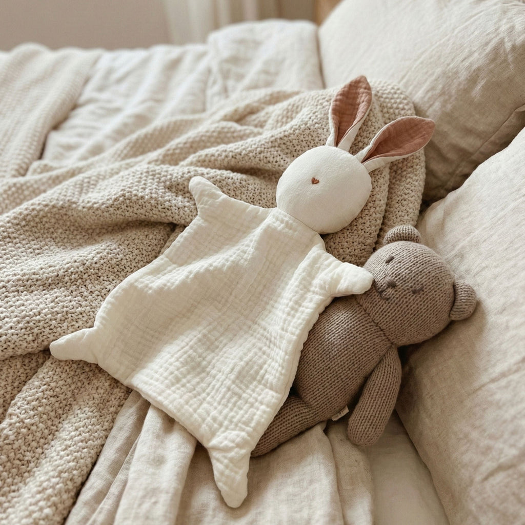 Doudou Lapin en Gaze de Coton blanc – Compagnon et Cadeau de Naissance Idéal