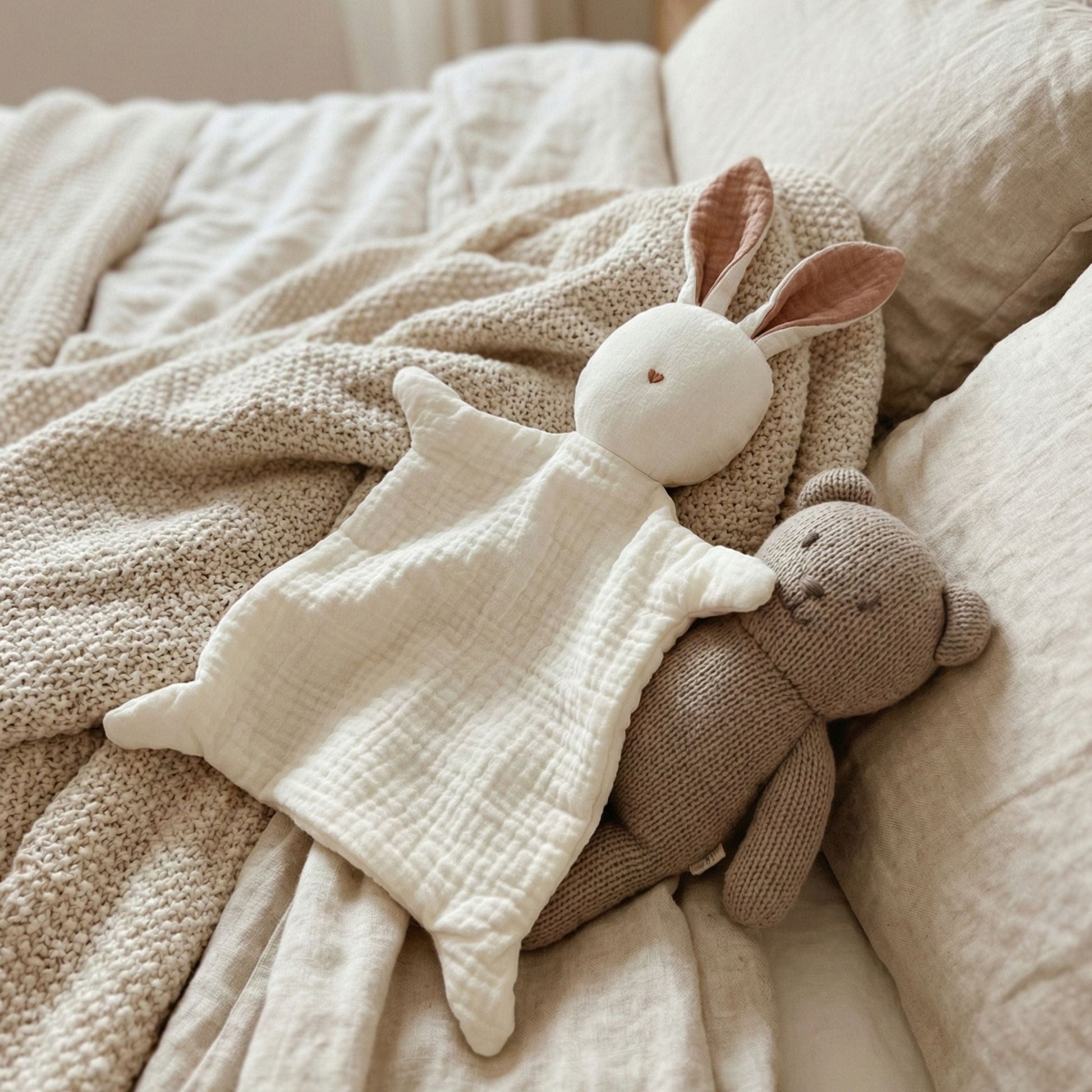Doudou Lapin en Gaze de Coton blanc – Compagnon et Cadeau de Naissance Idéal